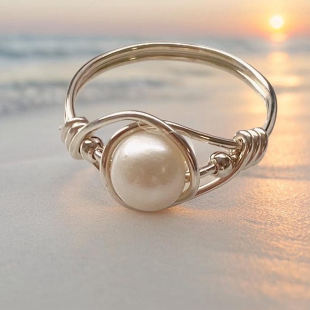 Sterling Silver wire wrapped Pearl Ring size 5